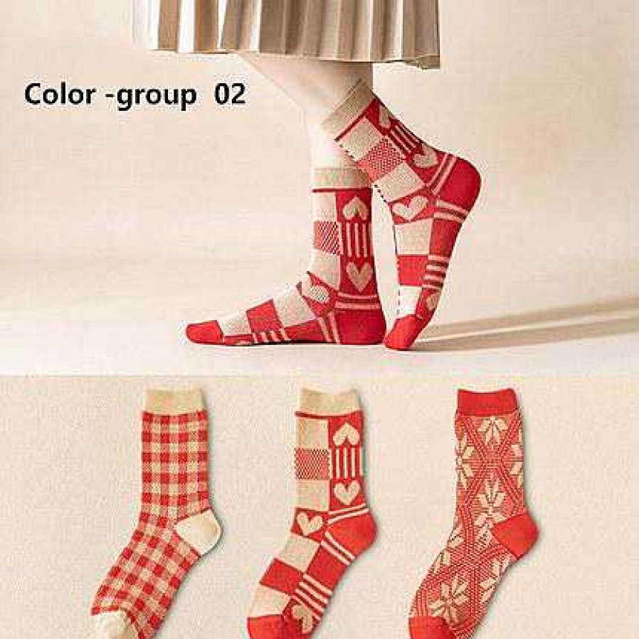 Dwarves Red Retro Cotton Stockings Calf Length Christmas Gifts Series 3 Pairs