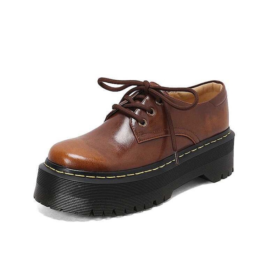 Dwarves Leather Platform Derby Shoes For Women Round Toe Lace Up Oxford Shoes In /