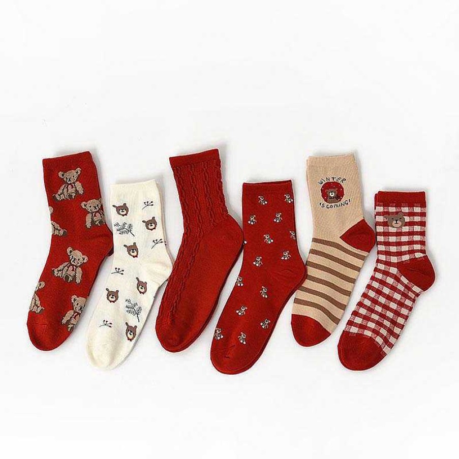 Dwarves Red Bear Retro Cotton Stockings Calf Length Christmas Gifts Series 6 Pairs