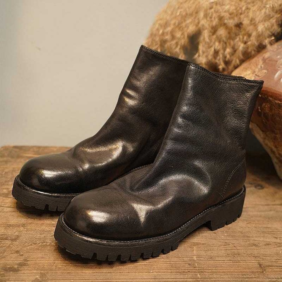 Dwarves Horse Leather Chelsea Boots Leather Sole Short Boots For Women Back Zip In