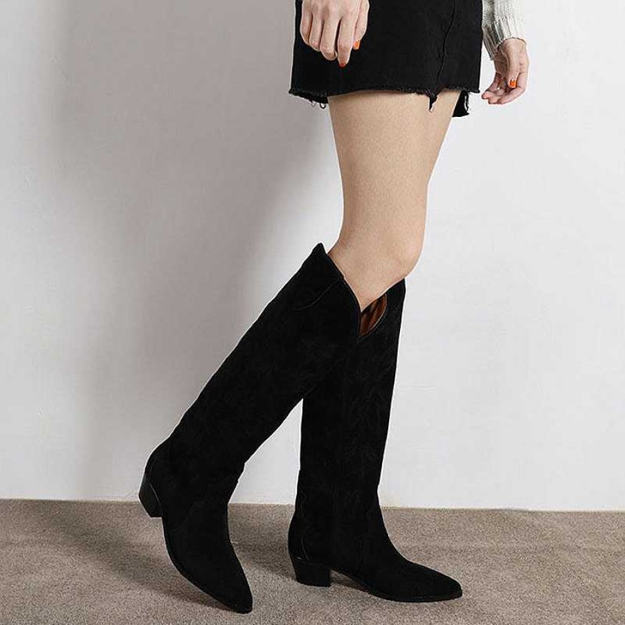 Dwarves Womens Western Embroidered Knee High Boots Block Heel - Suede / / Cowgirl Boots All Genuine Leather