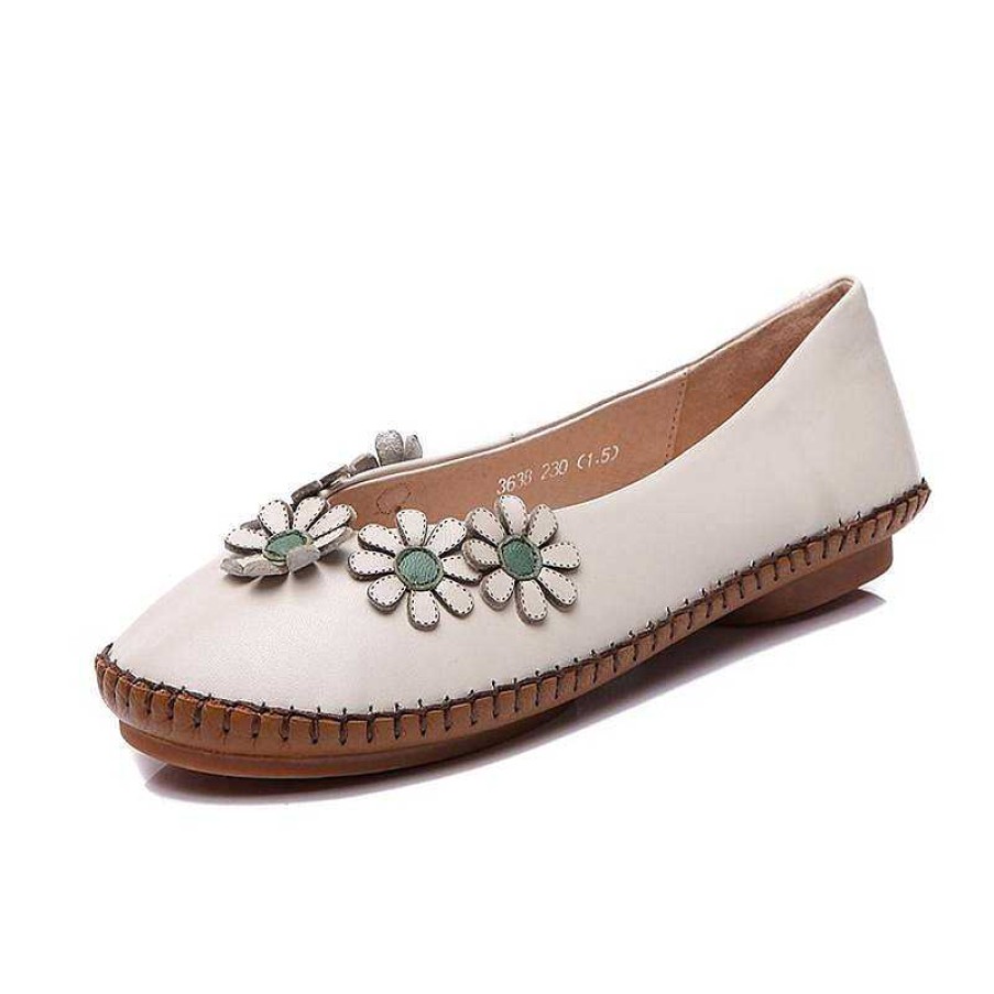 Dwarves Handmade Leather Flat Loafer Shoes With Flowers For Women