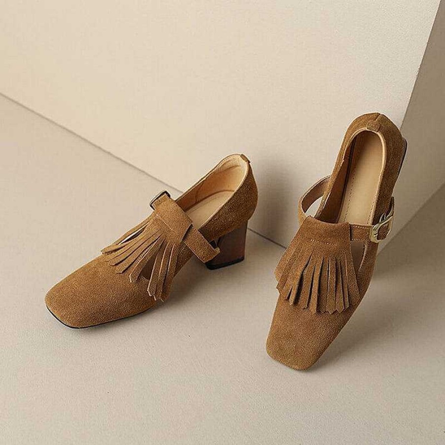 Dwarves Handmade Suede Leather Pumps Mary Jane T Strap Square Toe Tassels Details In /