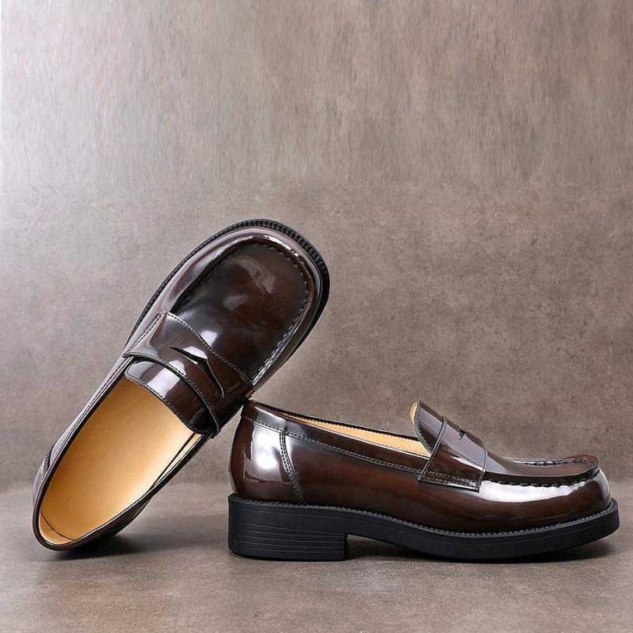 Dwarves Enamel Leather Penny Loafers Handmade Working Shoes / 3Cm Heel