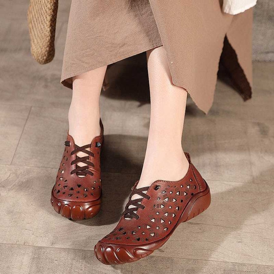 Dwarves Mori Girl Shoes Leather Handmade Flats Hollow Pattern Soft Sole Comfortable Mary Jane /