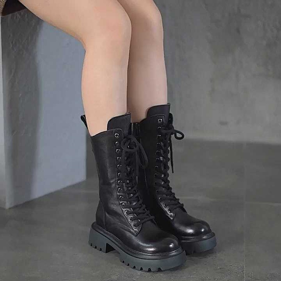 Dwarves Women Biker Boots Lace-Up Combat Boots Retro Short Boots Handmade Genuine Leather Martin Boots