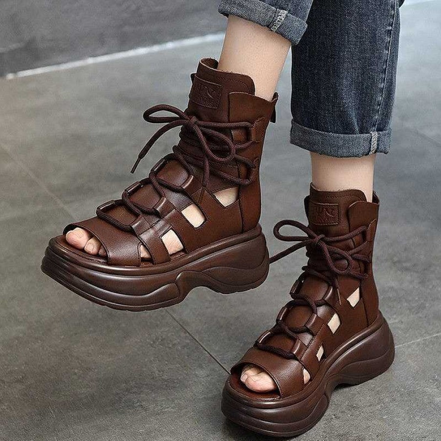 Dwarves Genuine Leather Chunky Sandals Lace Up Retro Peep Toe Gladiator Sandals In /