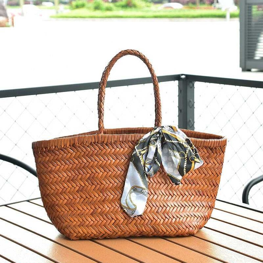 Dwarves Multicolor Woven Vegetable Basket Bag Head Layer Of Cowhide Hollow Handbag