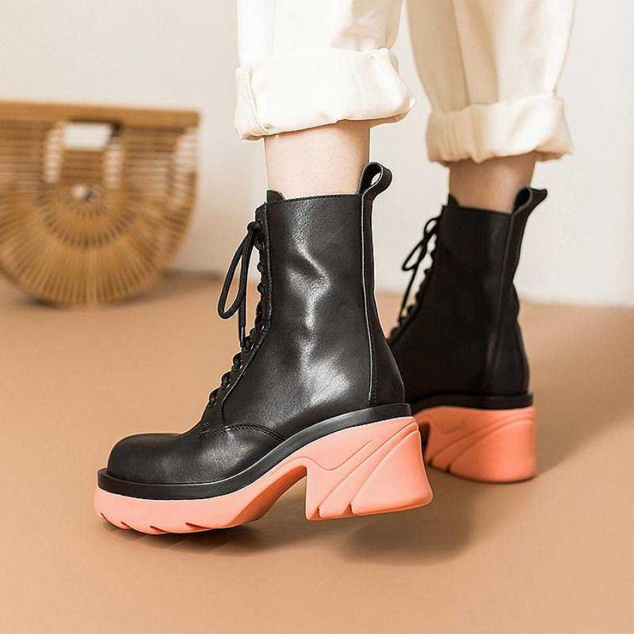 Dwarves Colorful Sole Leather Martin Boots Designer Retro Chunky Riding Boots High Heel Handmade