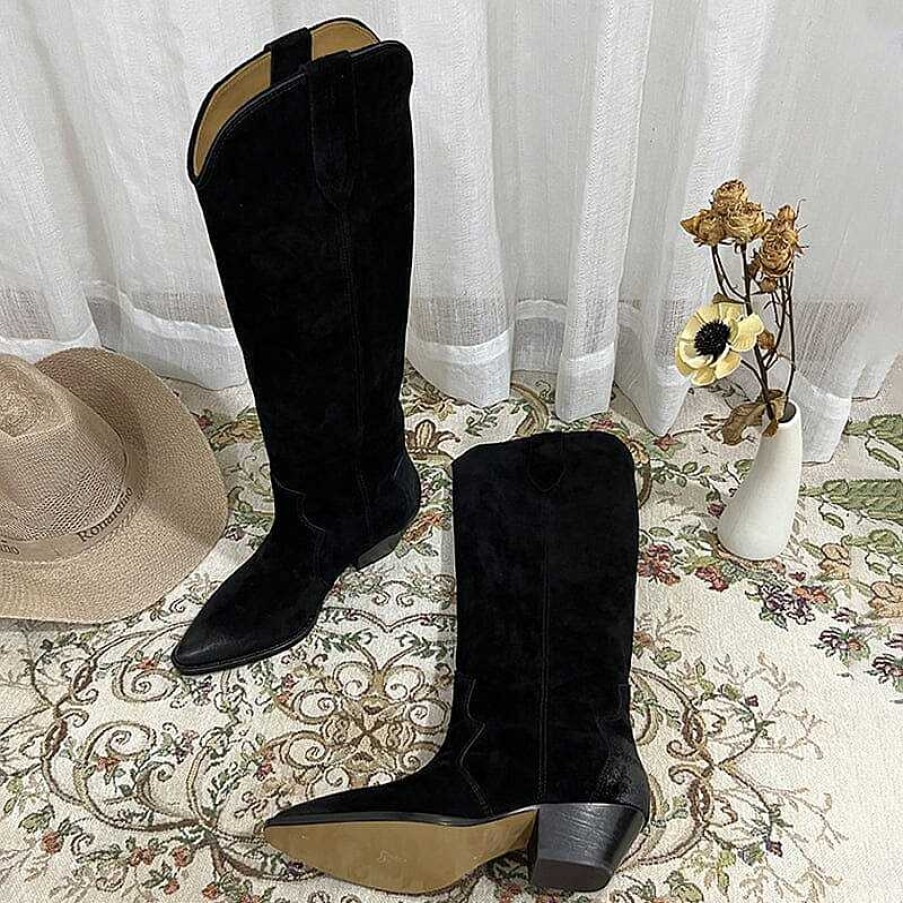 Dwarves Womens Western Suede Knee High Boots Block Heel / / / Cowgirl Boots All Genuine Leather