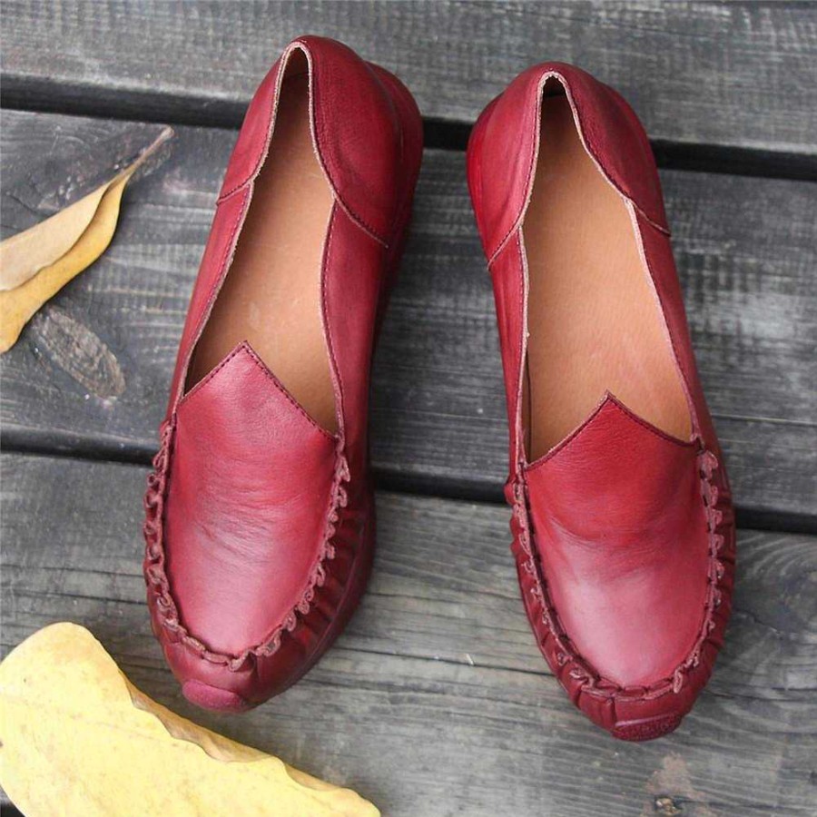 Dwarves Women Handmade Leather Loafers,Retro Slip Ons Red Platforms