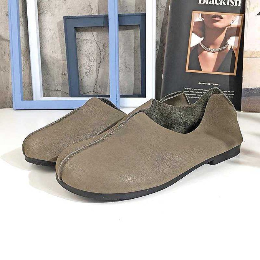 Dwarves Loafers For Women Comfort Leather Handmade Casual Dress Shoes Soft Bottom Flats Khaki/