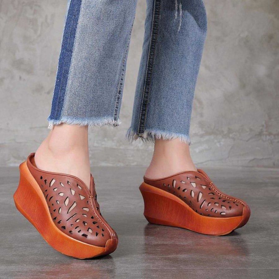 Dwarves Genuine Leather Platform Slippers Handmade Thick Heel Hollow Pattern Slip-Ons Caramel/