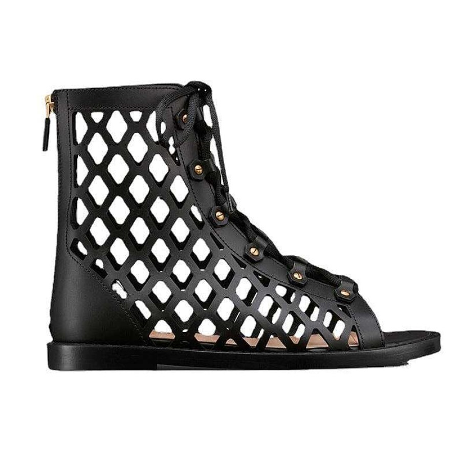 Dwarves Leather Strappy Sandals Boots For Women Open Toe Back Zipper Flat Gladiator Sandals