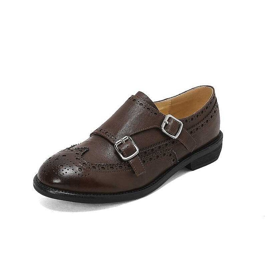 Dwarves Handmade Horse Leather Double Monk Strap Shoes For Women In Coffee/