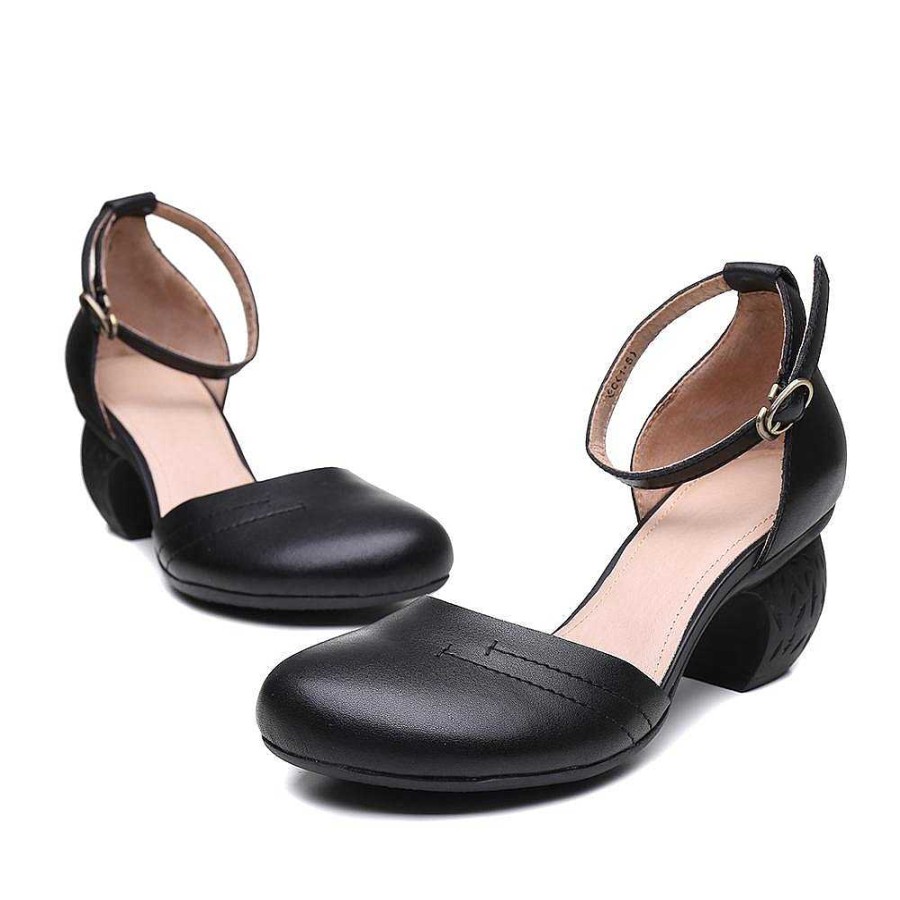 Dwarves Handmade Leather Pumps Mid Heel Mary Jane Sandals Womens Round Toe Retro Buckle Sandals /