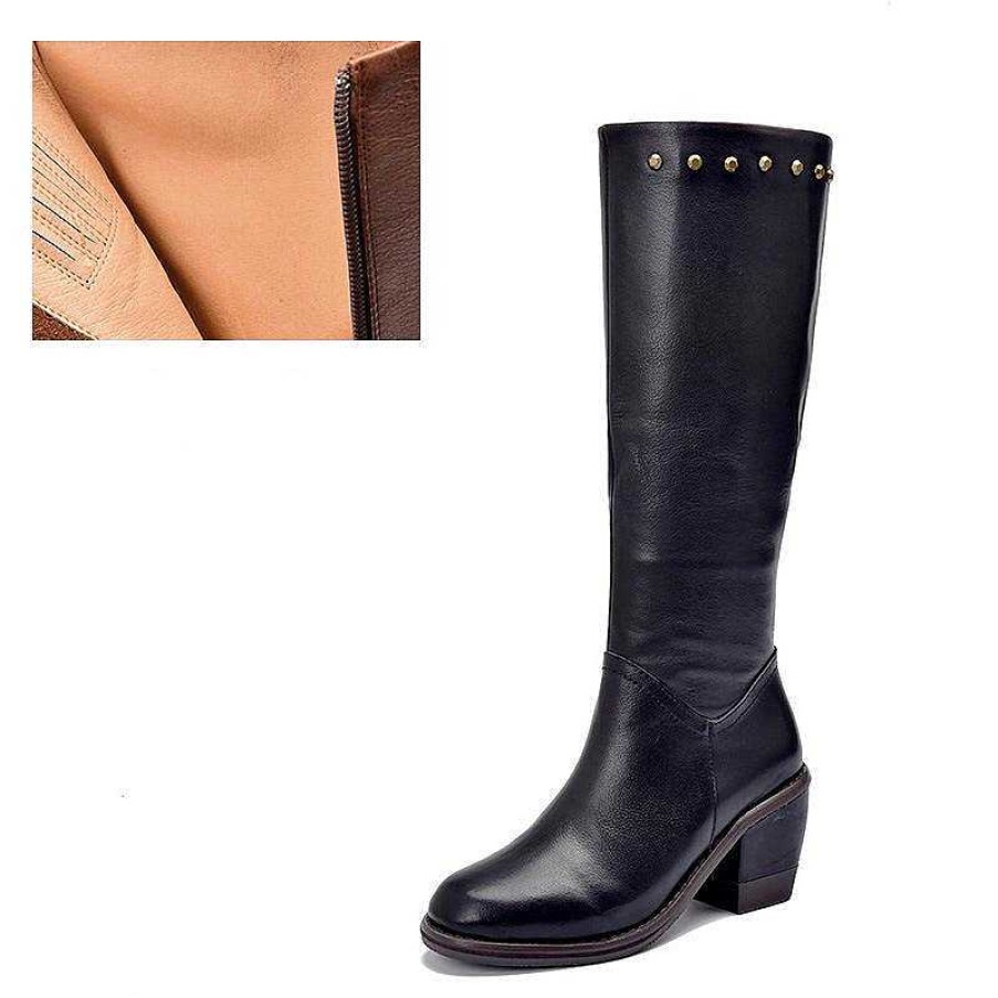 Dwarves Handmade Leather Knee High Boots Block Heel Biker Boots Retro Rivet