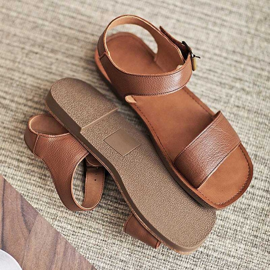 Dwarves Classic Leather Sandals For Women Flat Ankle Strap Side Buckle In / /