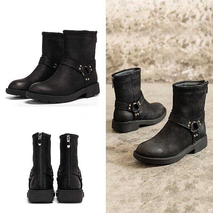 Dwarves Belted Short Plush Lined Snow Boots Chunky Heel Leather Short Boots For Winer Black /Coffee