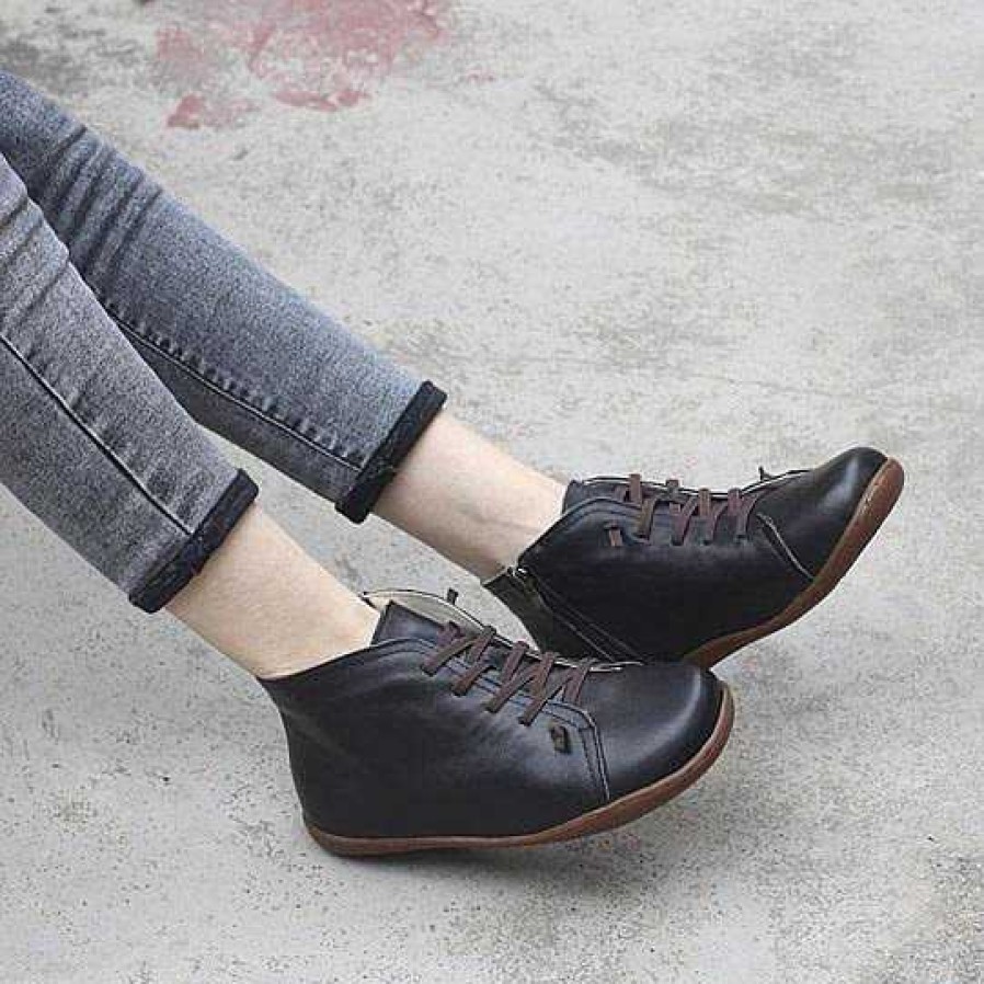 Dwarves Retro Women Leather Ankle Boots Casual Walking Boots Soft Sole Flats Oxford Booties