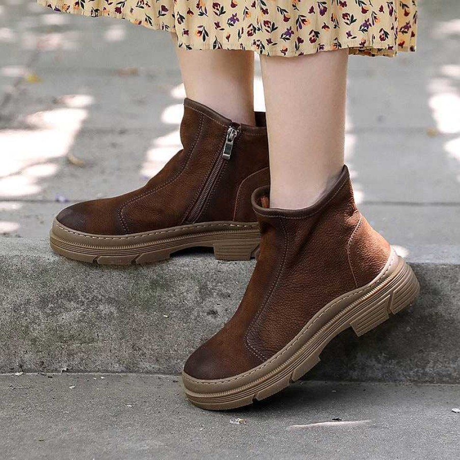 Dwarves Flat Shoes Side Zipper Retro Leather Ankle Boots For Women In /