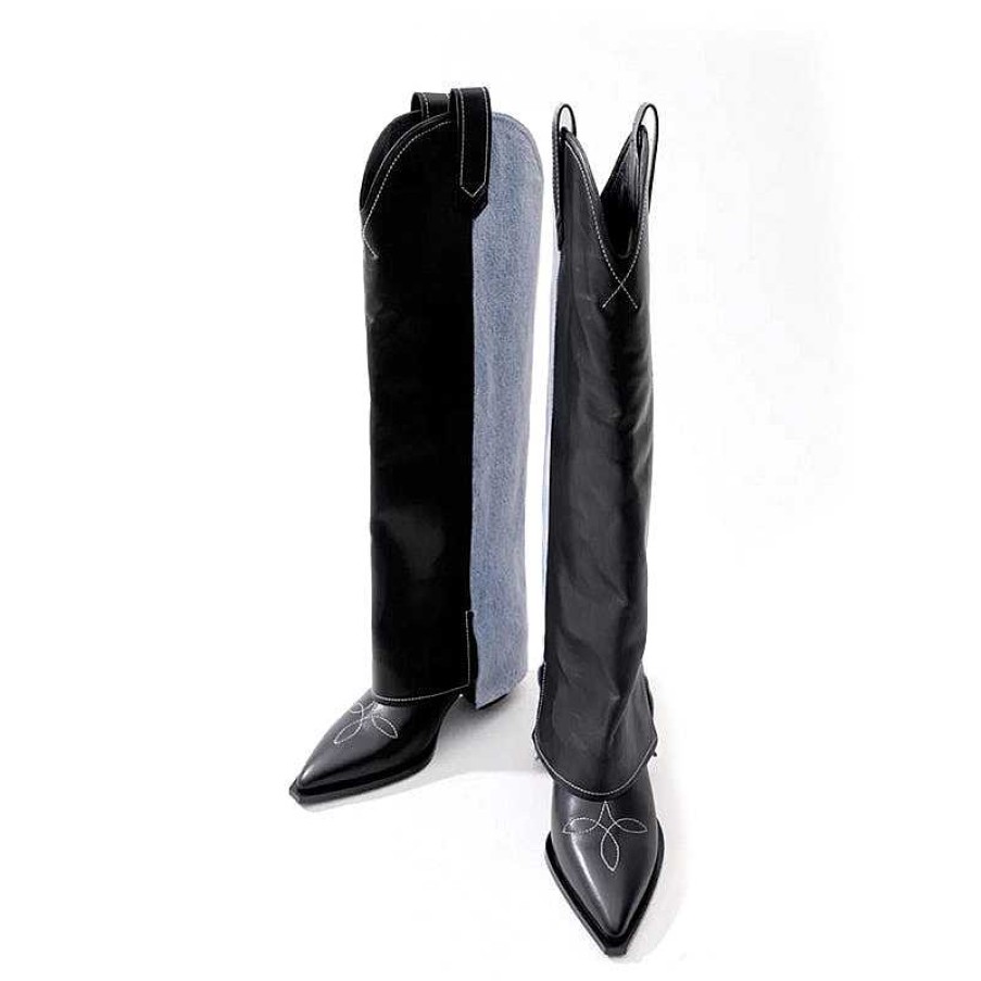 Dwarves Wide-Shaft Wedge Leather Boots Riding Boots For Women In / Foldover Leather Tall Boots