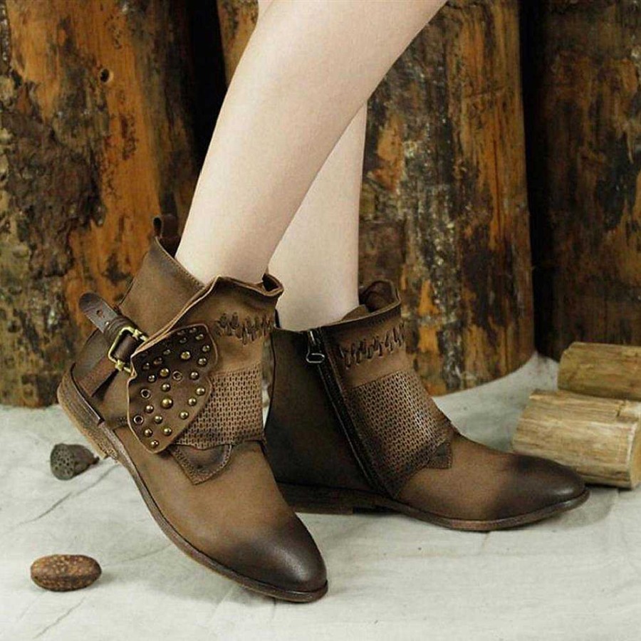 Dwarves Women Booties Sheepskin Leather Short Ankle Boots For Women Low Heel