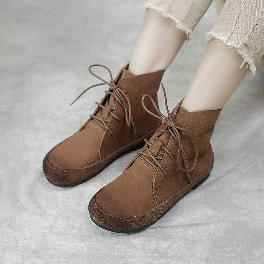 Dwarves Women Mori Girl Boots Handmade Soft Leather Ankle Boots Retro Round Toe Short Boots