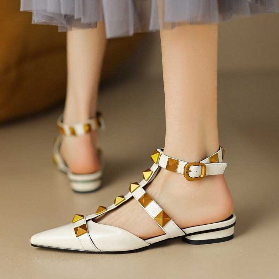 Dwarves Leather T Strap Rockstud Ankle-Strap Flat Sandals Point Toe Slingback In / /