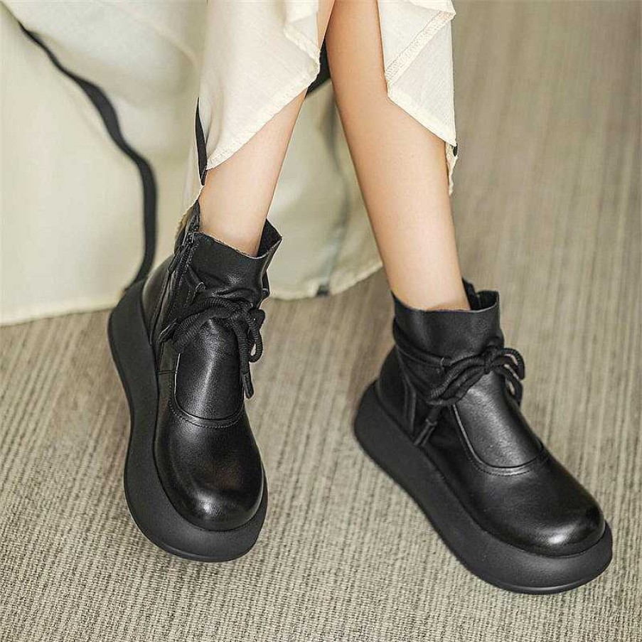 Dwarves Round Toe Platform Boots For Women Handmade Lace-Up Leather Designer Ankle Booties In /