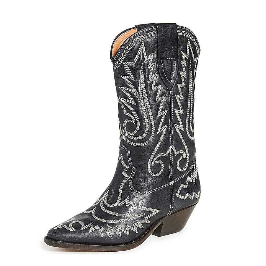 Dwarves Womens Western Boots Mid Calf Contrast-Stitching Cowboy Boots- Black/ Cowgirl Boots Sheepskin Lining