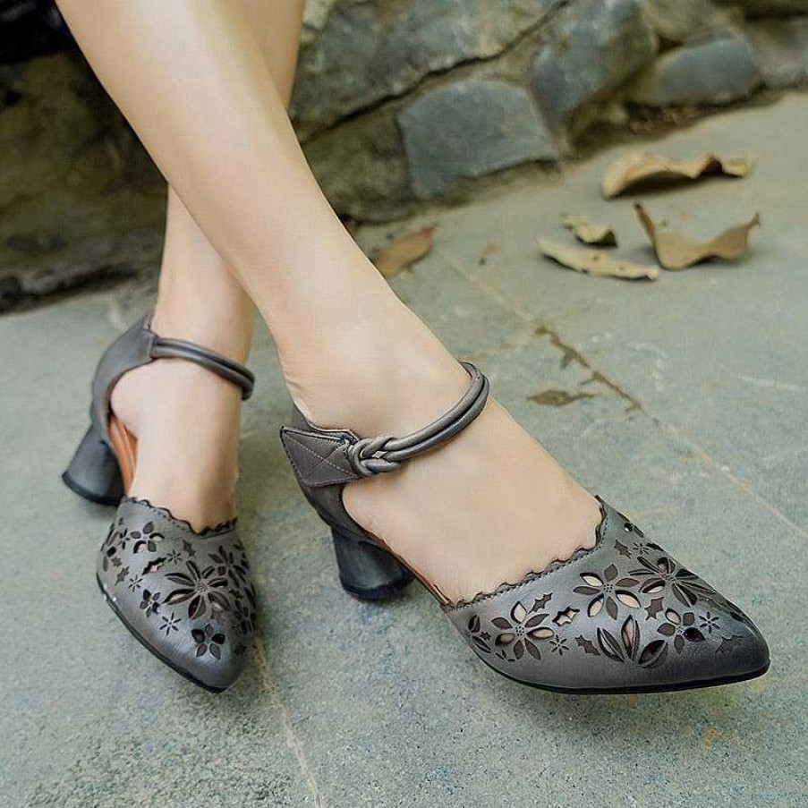 Dwarves Women Handmade Leather Pumps Flowers Ankle Strap Formal Office Shoes For Women Original Design /