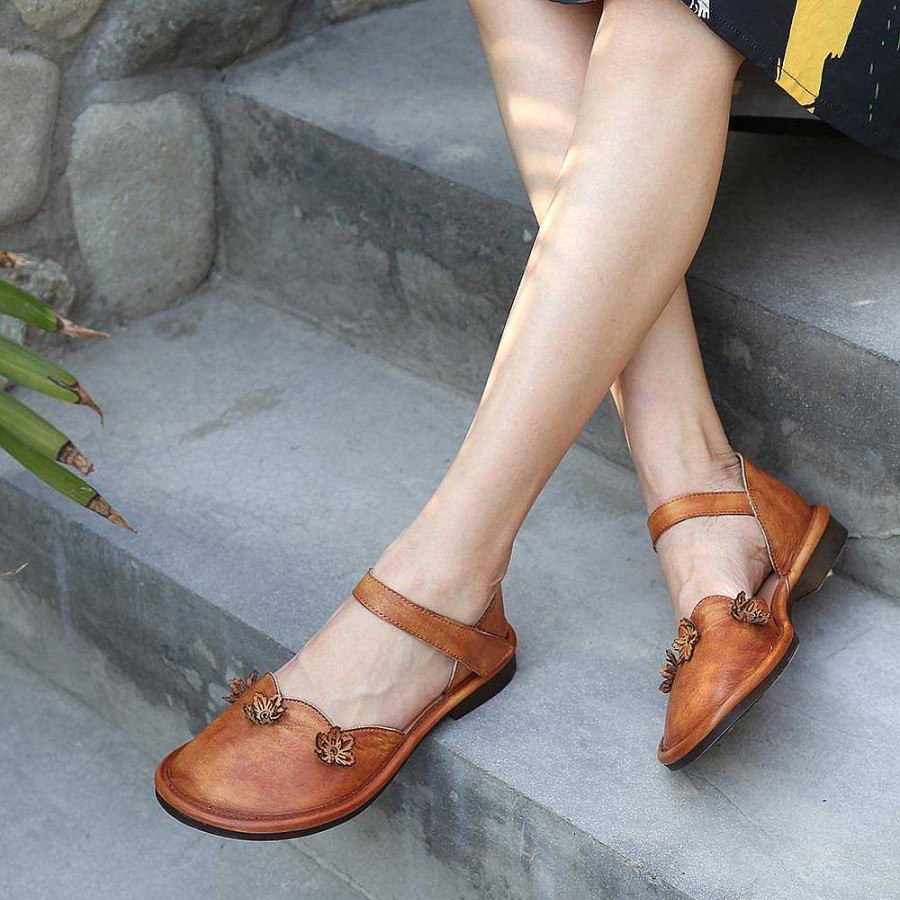 Dwarves Handmade Soft Leather Mary Jane Flats With Flowers For Women Retro Round Toe Original Design /