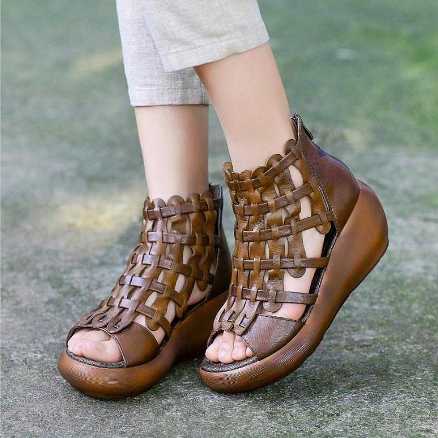 Dwarves Handmade High Platform Sandals Woven Leather Sandals Oxford Retro Wedges-Wide Fit