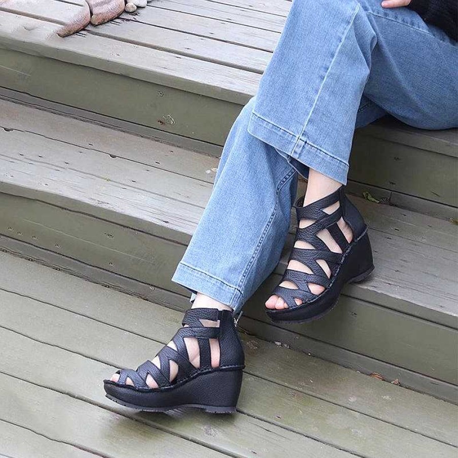 Dwarves Handmade Leather Gladiator Sandals Retro Peep Toe Wedges In /