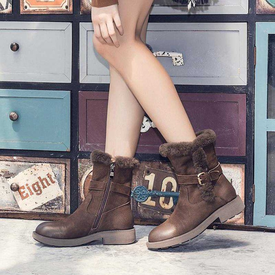 Dwarves Womens Retro Nubuck Leather Short Boots For Winter Side Zipper Buckles Fur Boots /