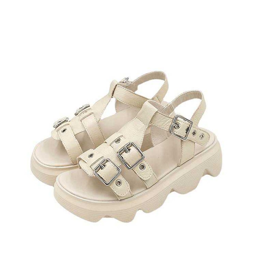 Dwarves Genuine Leather Comfy Platform Sandals For Lady Buckle Flatforms /