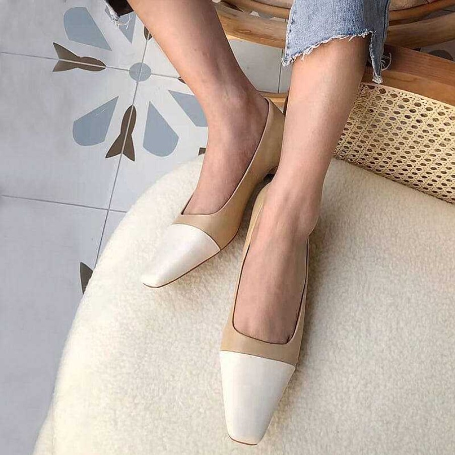 Dwarves Leather Square Toe Block Heeled Slip-On Pumps Office Shoes Color Blocking In / /