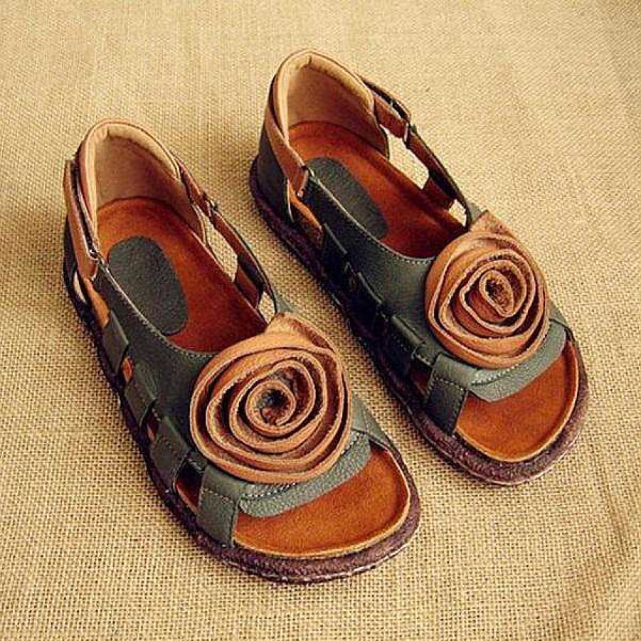 Dwarves Women'S Leather Hollow Sandals Flat With Handmade Flower