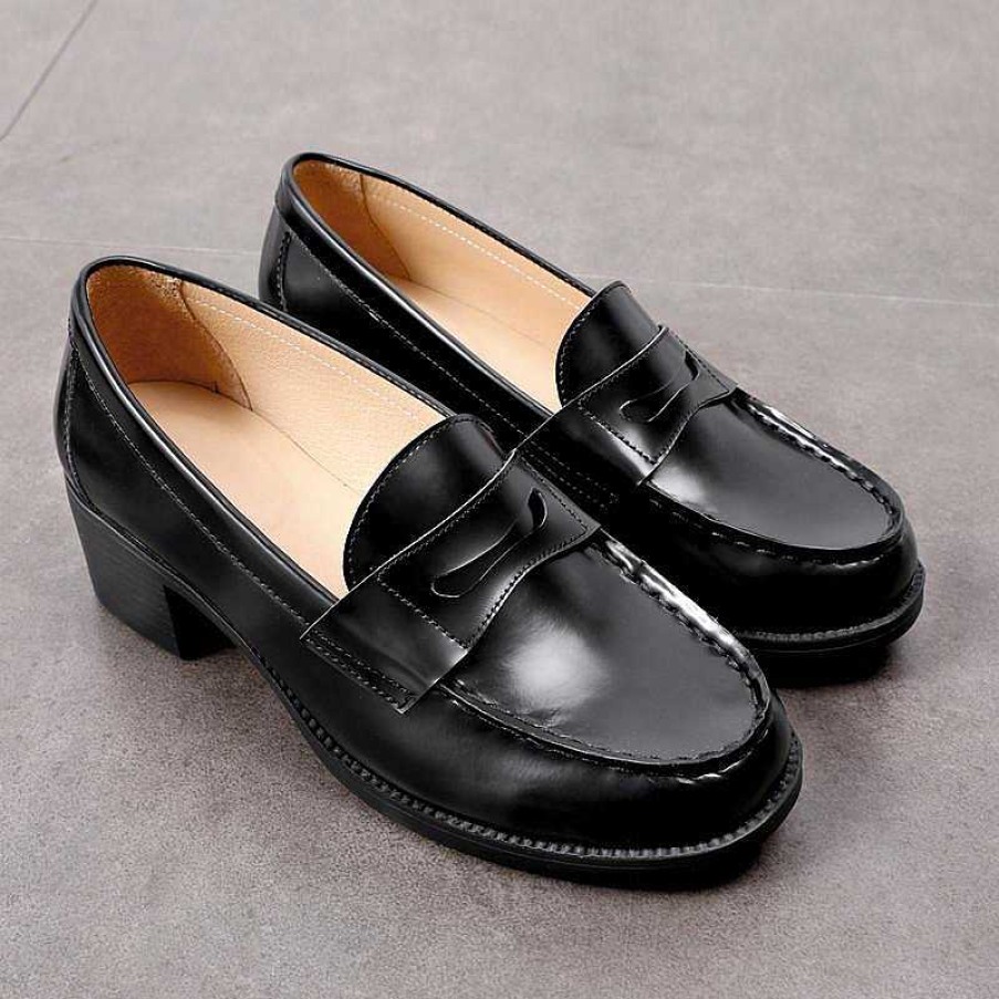 Dwarves Enamel Leather Penny Loafers Handmade Uniform Shoes / 4.5Cm Heel