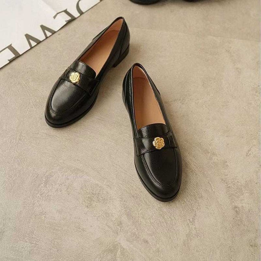 Dwarves Soft Leather Penny Loafers For Women With Camellia Detail In