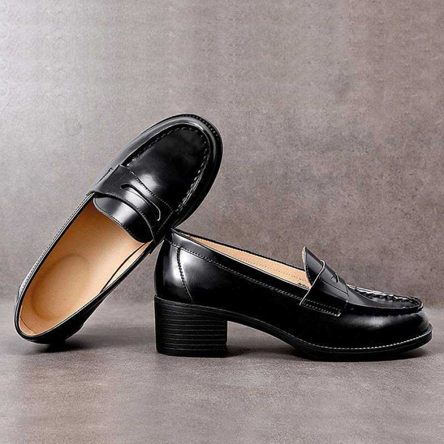 Dwarves Enamel Leather Penny Loafers Handmade Uniform Shoes / 4.5Cm Heel