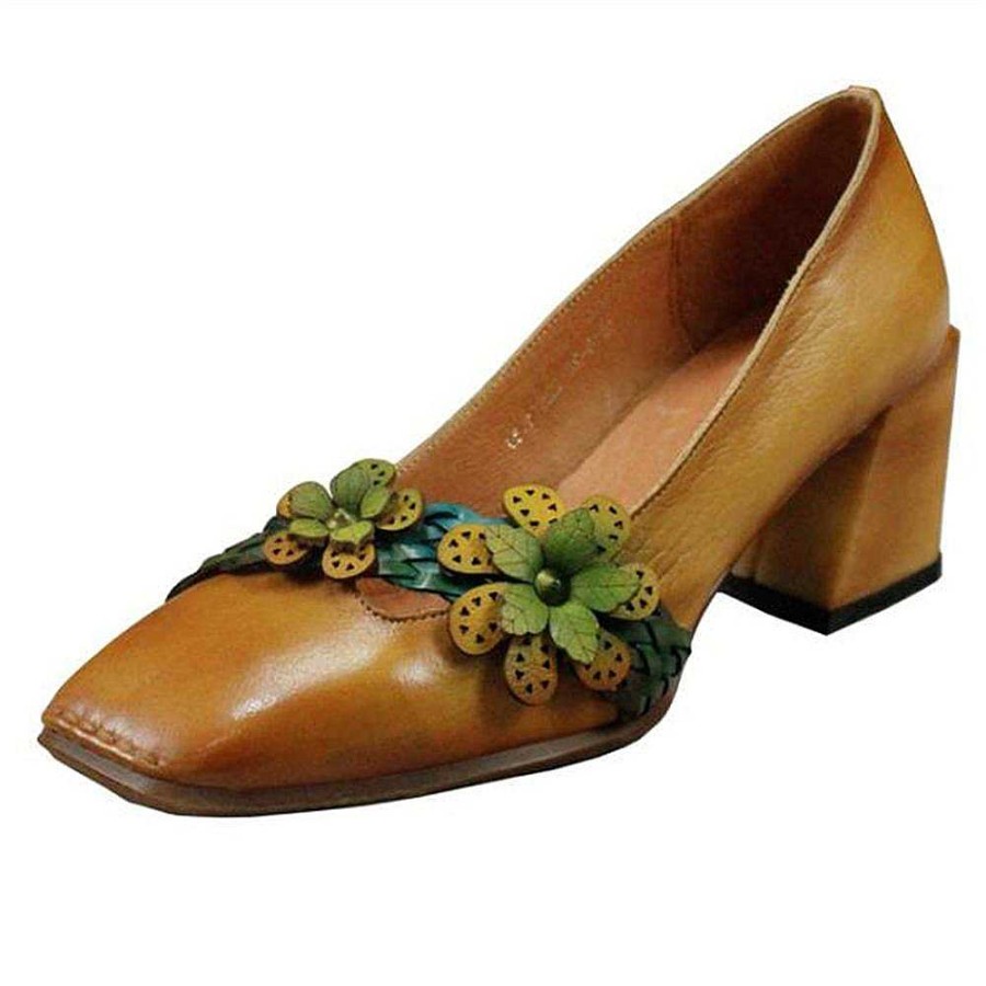 Dwarves Handmade Calf Leather Pumps Women Square Toe Flowers Chunky Heel Platform Shoes