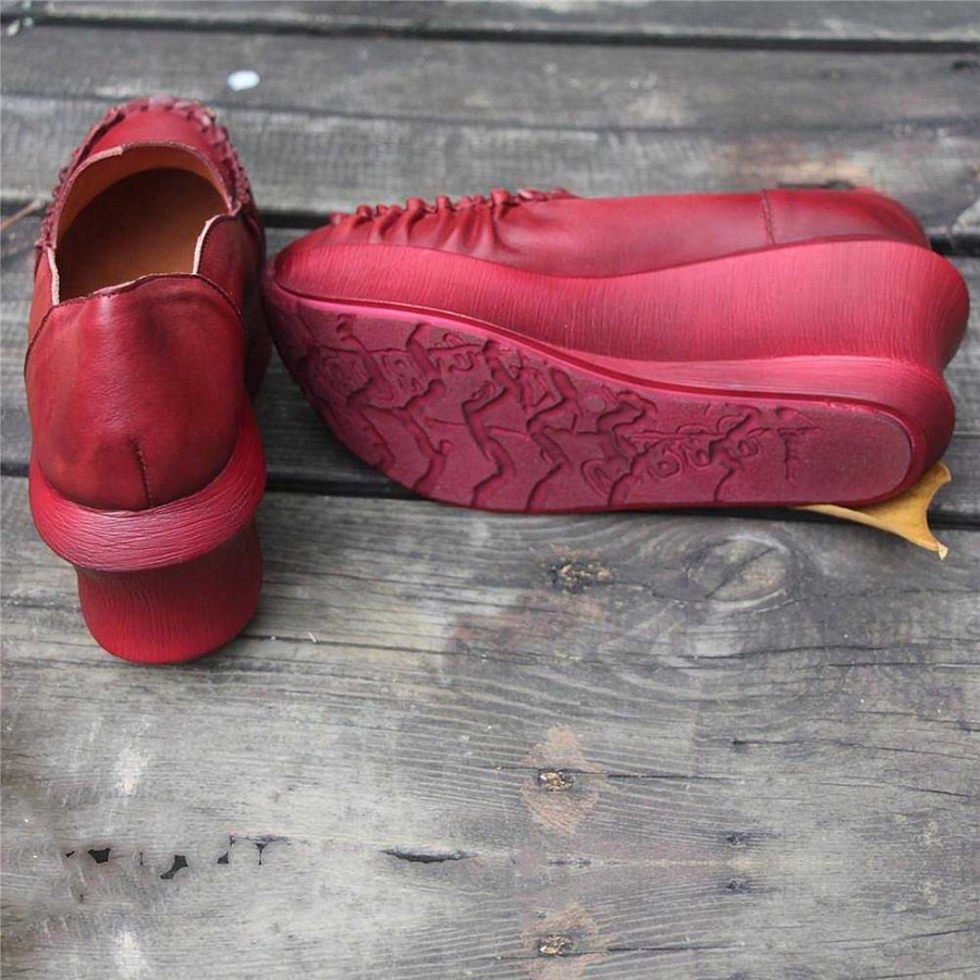 Dwarves Women Handmade Leather Loafers,Retro Slip Ons Red Platforms