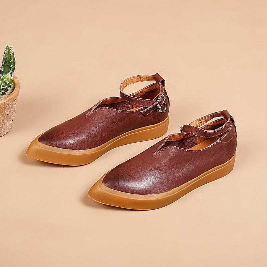 Dwarves Vegetable Tanned Leather Flat Mary Jane Shoes For Women Point Toe Witch Style In / / /