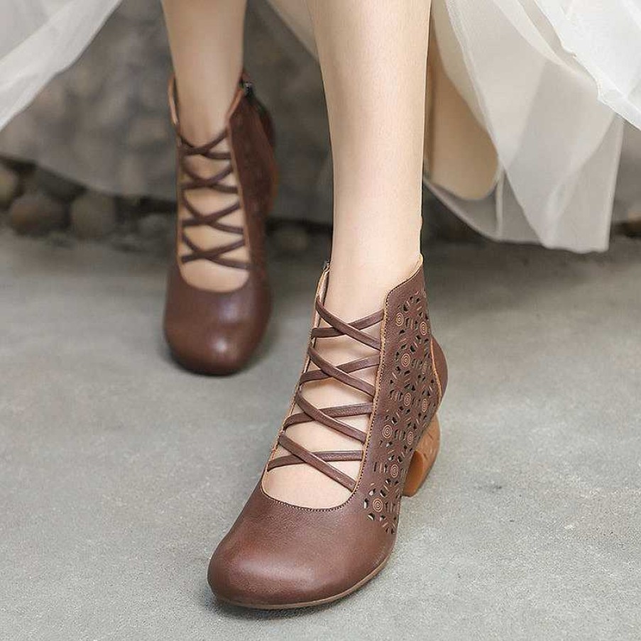 Dwarves Handmade Genuine Leather Pumps Retro Round Toe Women Ankle Boots Block Heels Side Zipper /