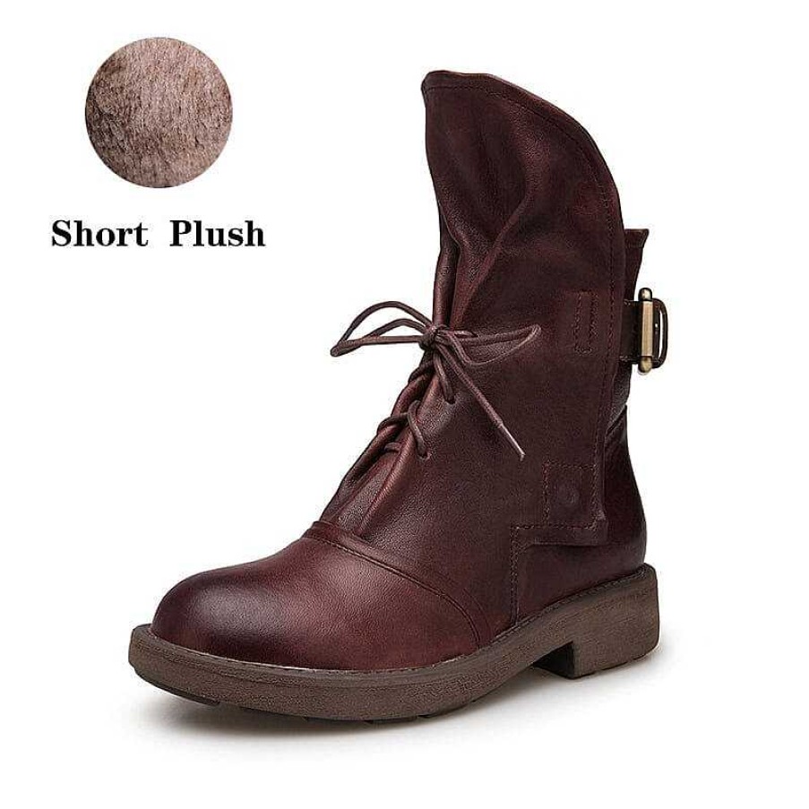 Dwarves Womens Retro Sheepskin Short Boots For Winter Lace Up Buckles Boots /