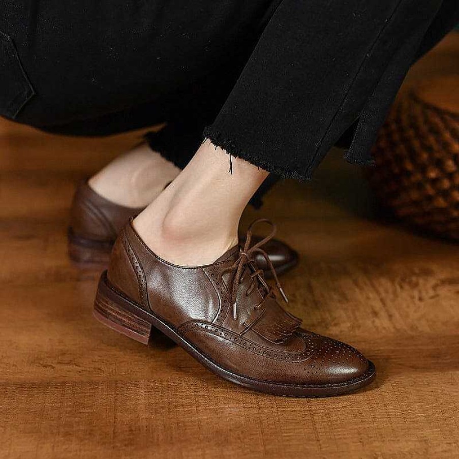 Dwarves Women Wingtip Shoes Handmade Leather Full Brogues Oxfords & Tie Low Heel Elegant /