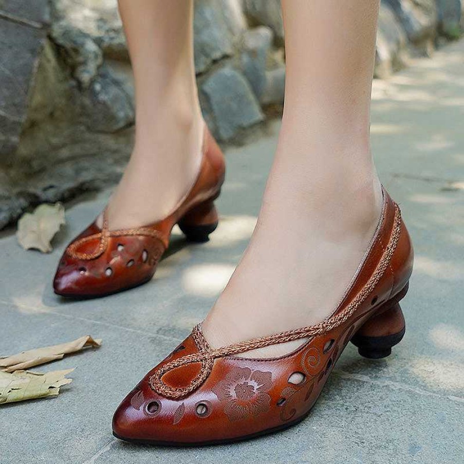 Dwarves Retro Pumps For Women Leather Handmade Block Heel Pointed Shoes Loafers /