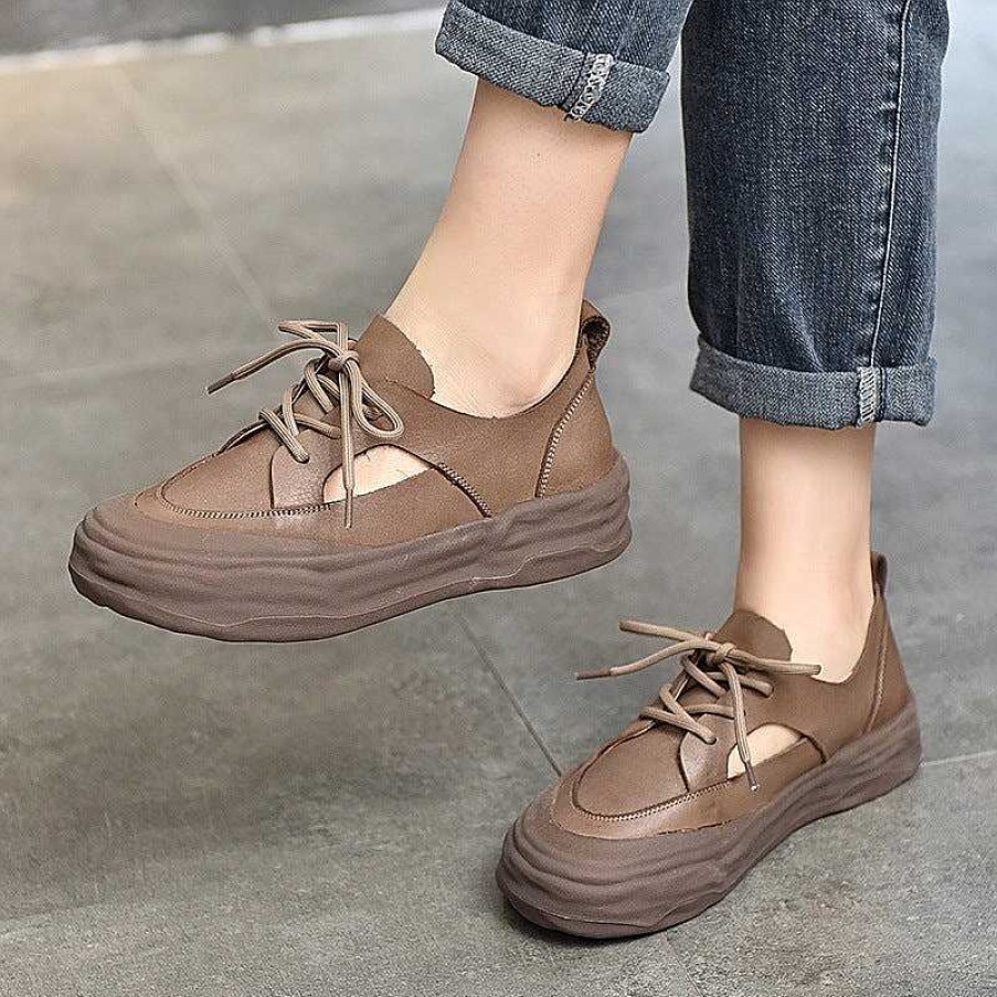 Dwarves Leather Original Sole Sneakers For Women Low-Top Lace Up Cut Out In /